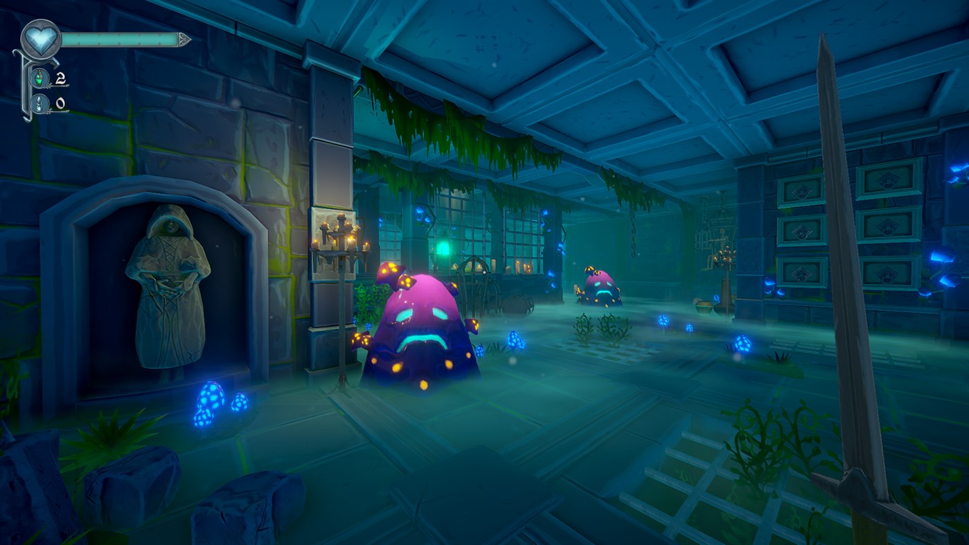 A purple slime monster takes up space in a dark stone room in Mask of Mists