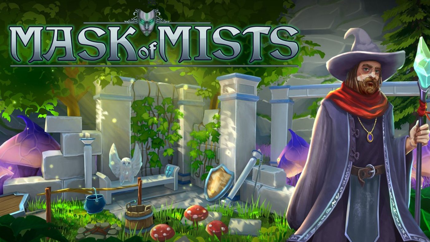 Mask of Mists promotional image. Title of the game and a wizard in robes infront of stones and trees.