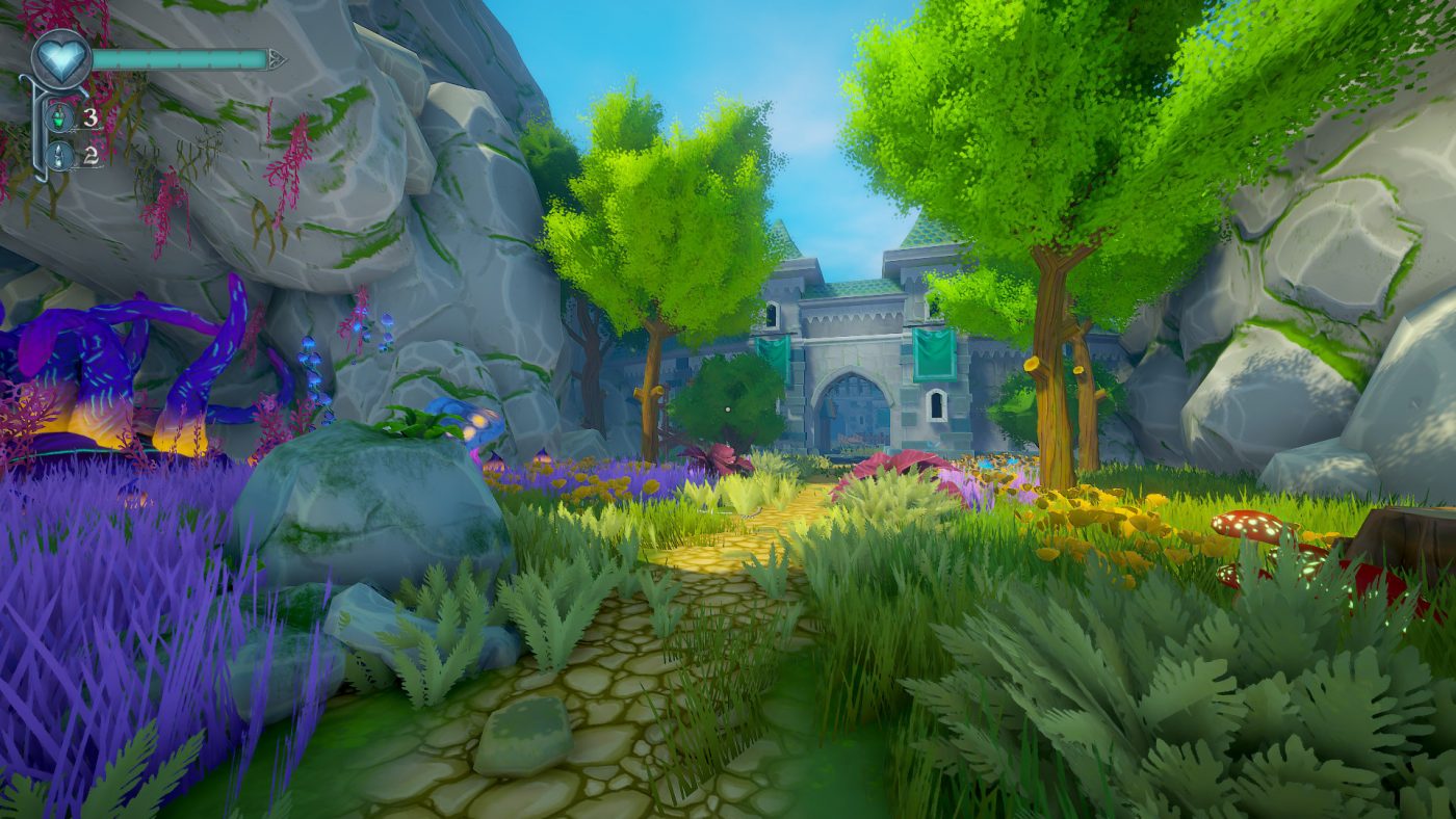 Screenshot from Mask of Mists, shown the the first person looking at a stone gate in the distance through a green area,