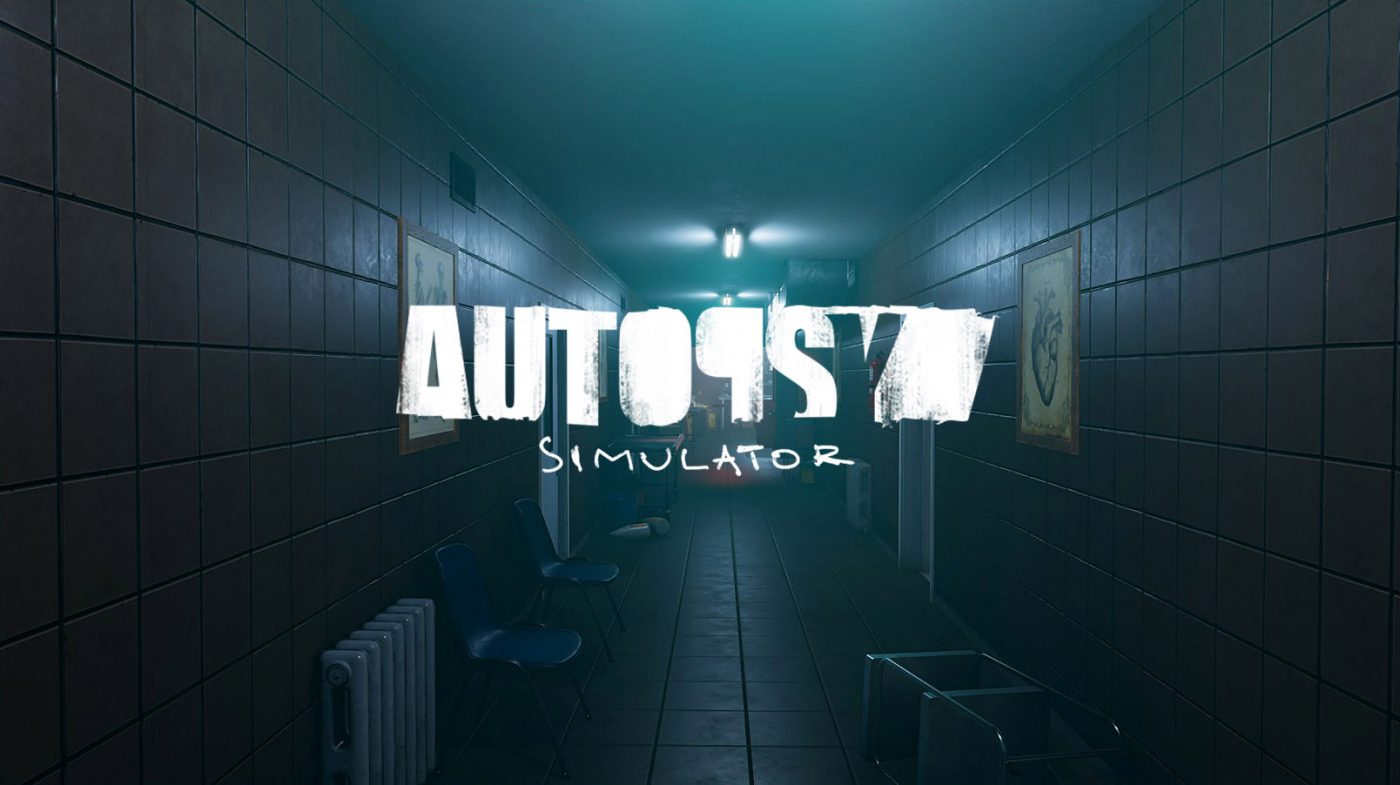 A dimly lit hallway with a radiator and anatomical diagrams on the walls, with "Autopsy Simulator" written across