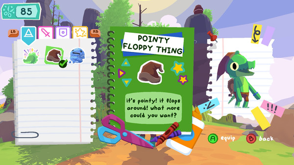 An open notebook with cute simple childlike images. A page says "Pointy Floppy Thing" and a picture of a hat, describing the hat. The same page is surrounded by scissors, crayons and glue. There is a picture of a cartoon alligator on the left side wearing the hat.