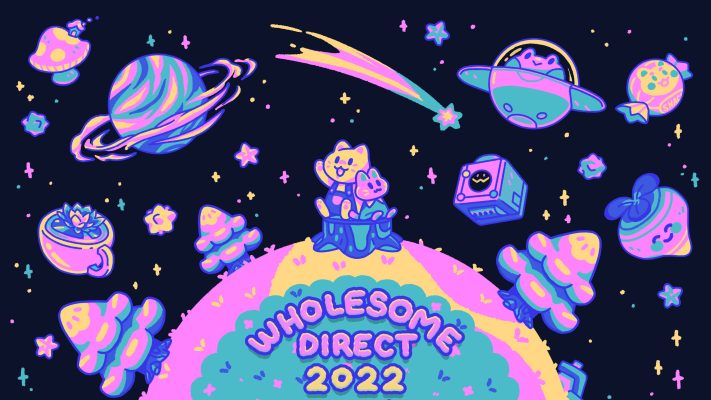A dark background, with cute pastel imagery of planets and creatures, with the words "wholesome direct 2022"