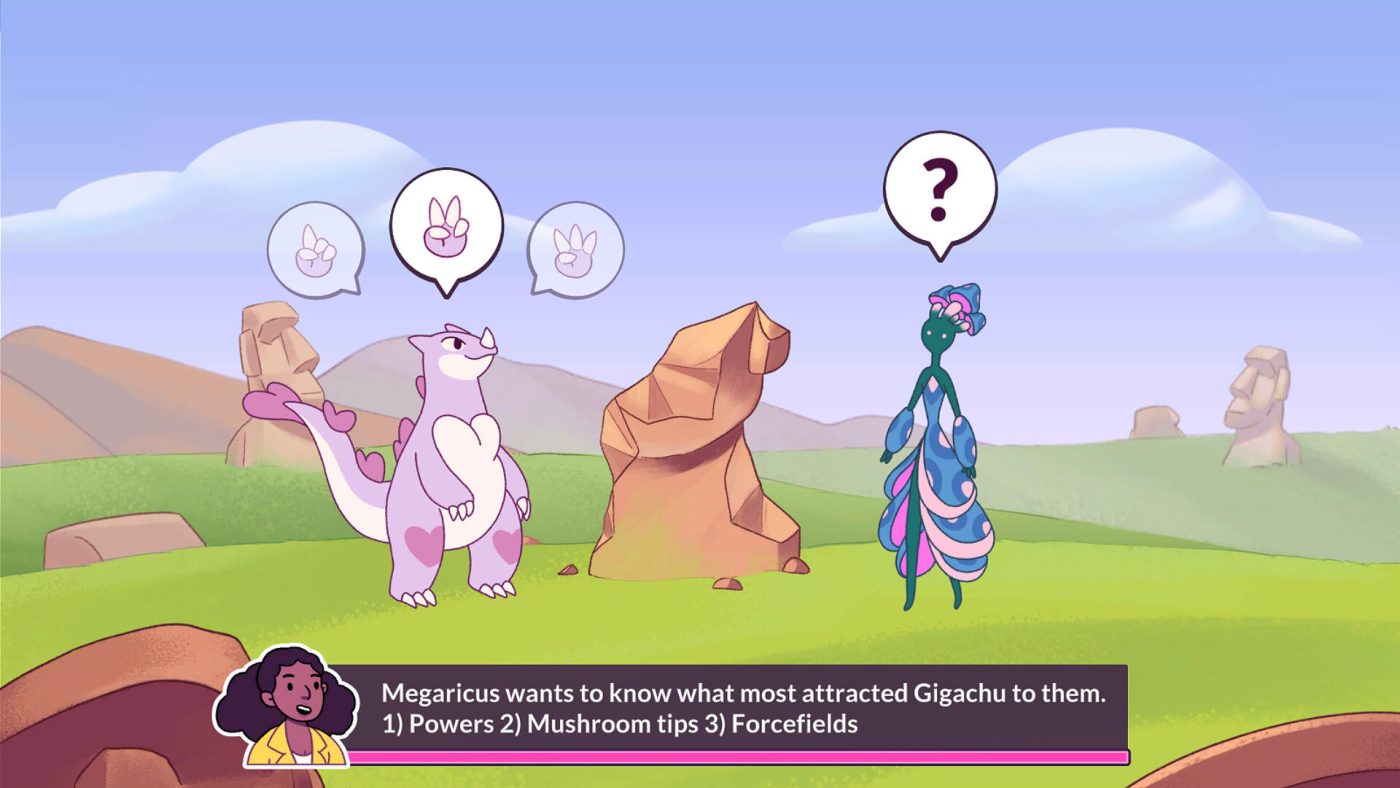 Two Kaiju, large monsters, look at each other. The pink Kaiju on the left has speech bubbles above their head for "Rock, Paper, Scissors" and the blue and green Kaiju on the right has a speech bubble with a question mark. A woman at the bottom in a text box states "Magaricus wants to know what most attracted Gigachu to them. 1) Powers 2) Mushroom tips 3) Forcefields"
