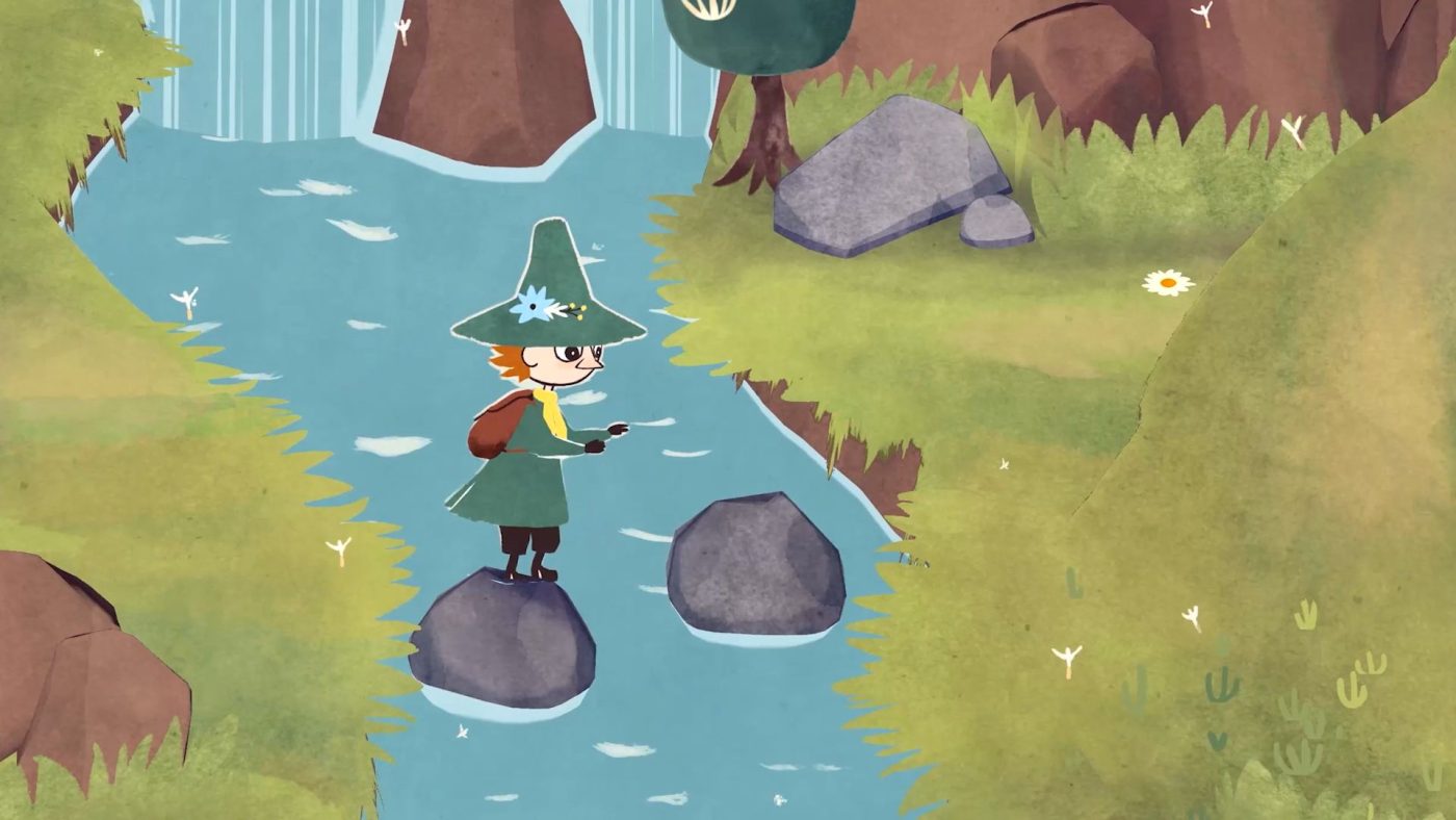 Snufkin from "Snufkin: Melody of Moomin Valley" jumping over a stream using stones