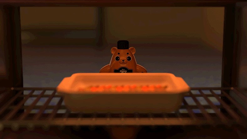 A anthropomorphic bear honey container looking into a life-size oven, watching his casserole dish cook, which contains ratatouille