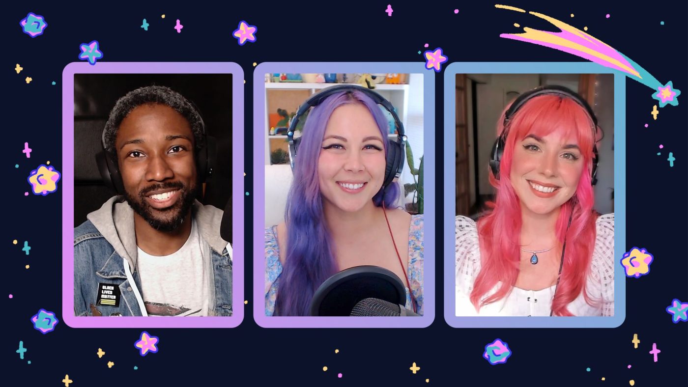 Three portraits of the hosts, surrounded by cute contrasting pastel imagery of stars.
