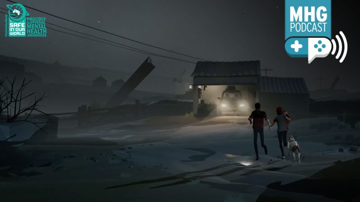 Screenshot from the game Somerville. Two figures of a man and women are running towards the car in a grage, lotg up by headlights.