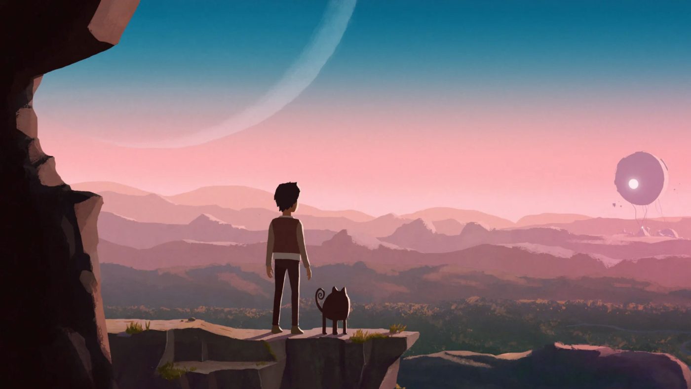 Planet of Lana - Mui and Lana stand on a cliff edge looking at the world.