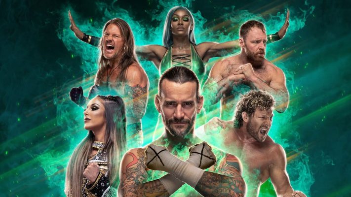 Wrestlers CM Punk, Britt Baker, Jade Cargill, Chris Jericho, Kenny Omega and Jon Moxley pose for AEW
