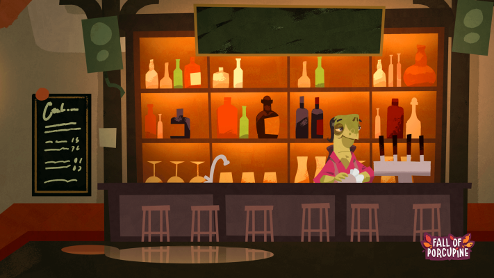 Lizard character standing to the right of a pub bar cleaning a glass. The scene is dimly lit with an orange glow there are shelves of bottles behind.