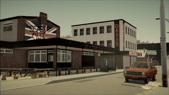 Screenshot of the Pub front with a Union flag hanging outside and a car parked across the street.