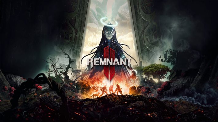 Cover art from the game Remnant 2. A figure of a woman stands behind the game's logo with a scene of dark wooded areas behind her.