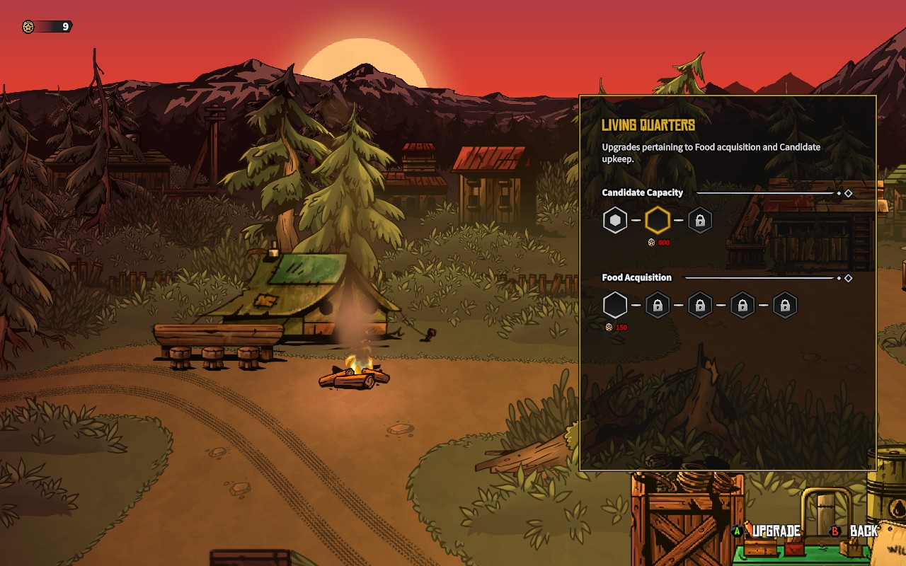 Screenshot from Days of Doom, showing team management UI in the camp between missions. 