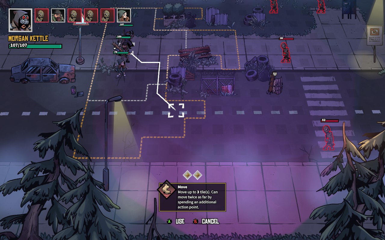 Screenshot from Days of Doom, showing a player controlled unit using 2AP to move into position. 
