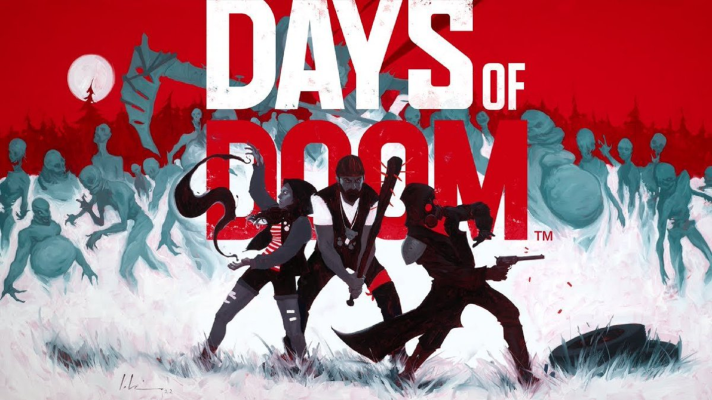 Main poster from Days of Doom with three figures in an action pose in front of the title on a red and white background.